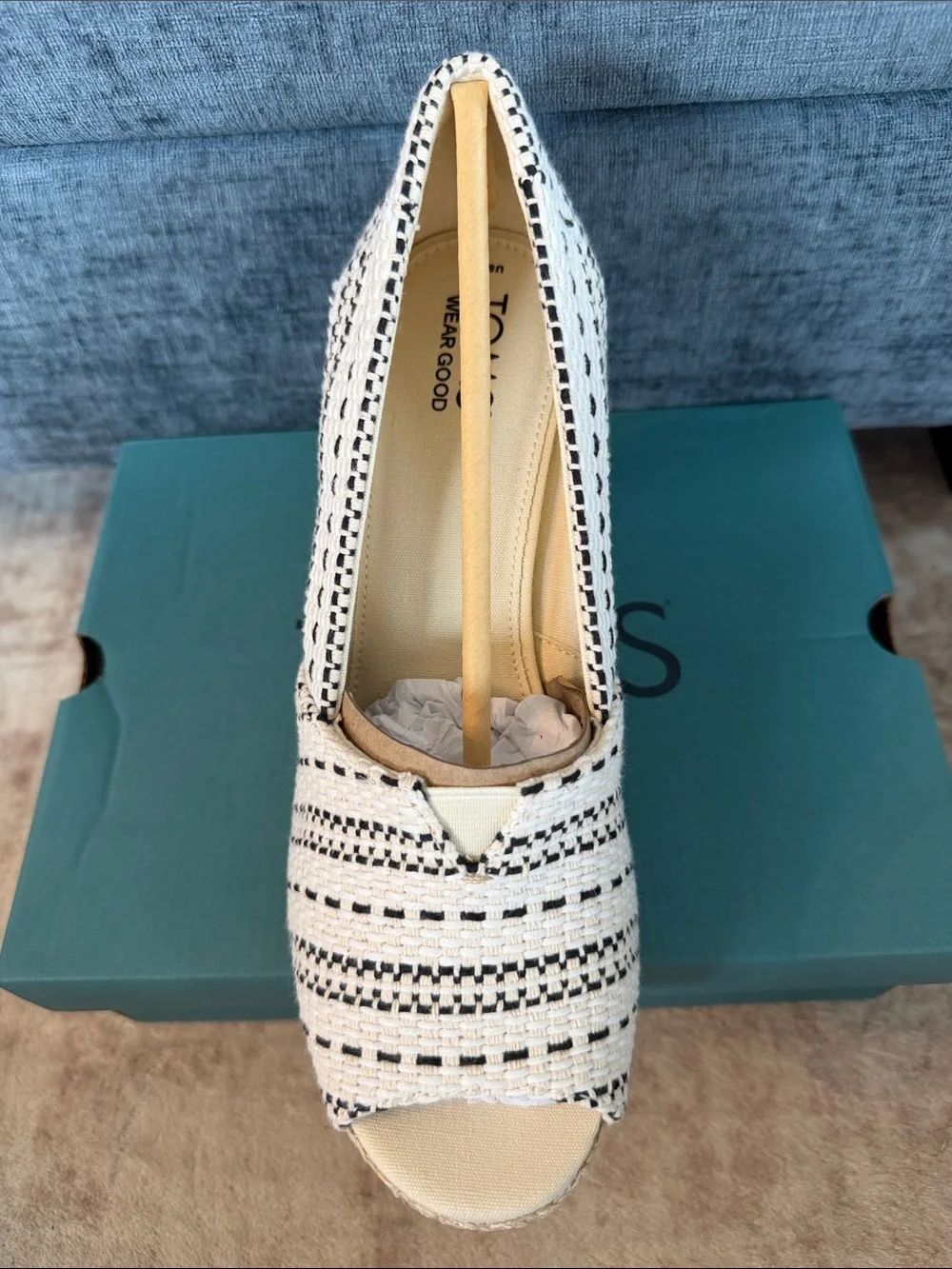 TOMS Michelle Cream and Black Woven Espadrille Wedge Peep Toe